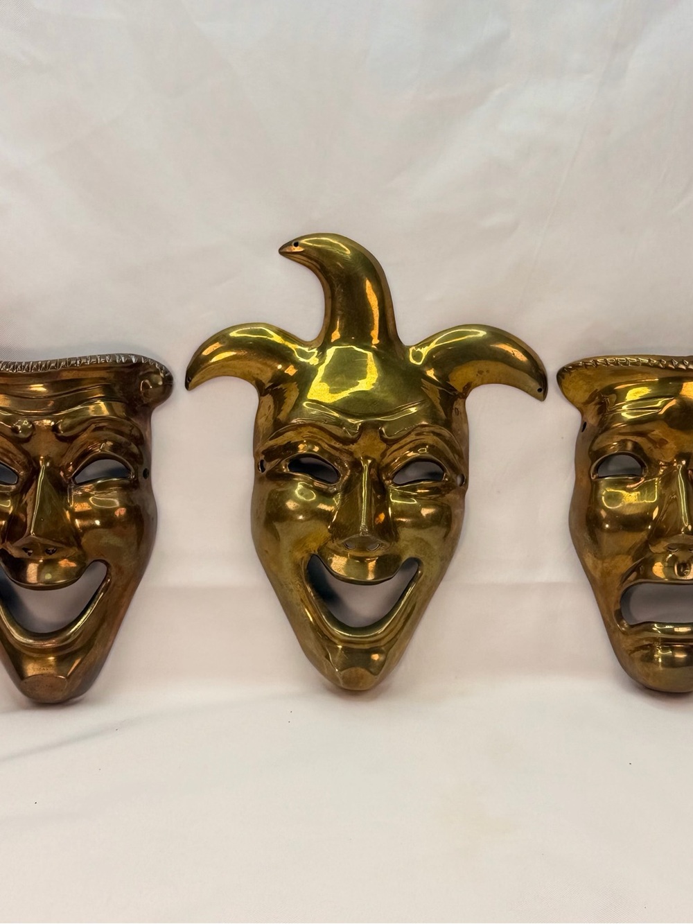 Vintage Solid Brass Comedy Tragedy Jester Theater Masks Wall Decor Set of 3